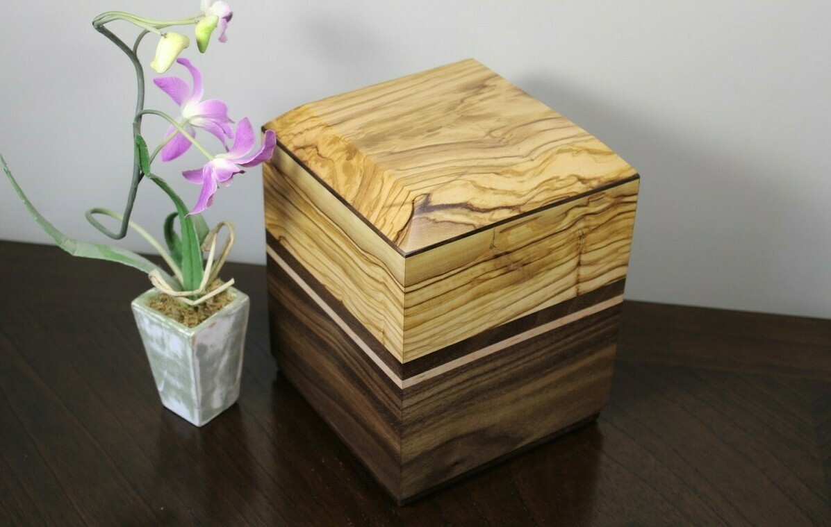 Handmade Olive Wood and Black Walnut Wooden Cremation Urn