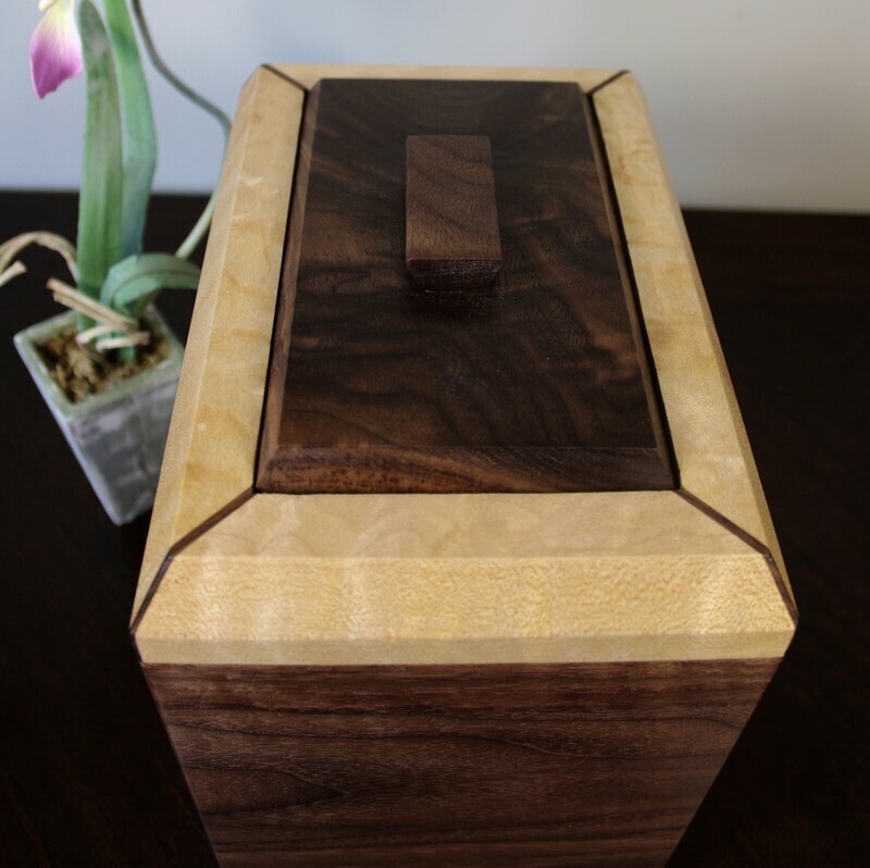 Top view of a black walnut and figured maple wooden cremation urn with keepsake compartment