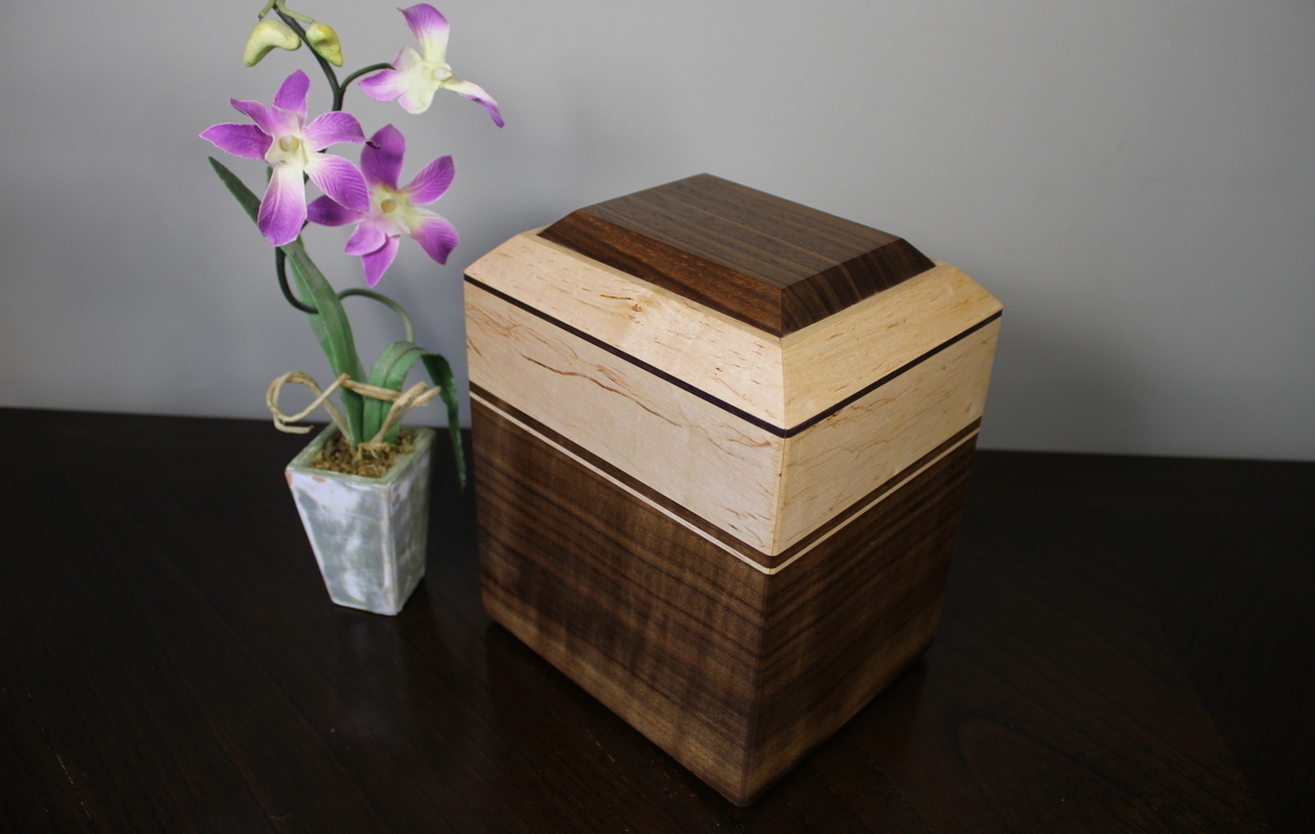 Black Walnut and Maple with Speckles Wooden Cremation Urn