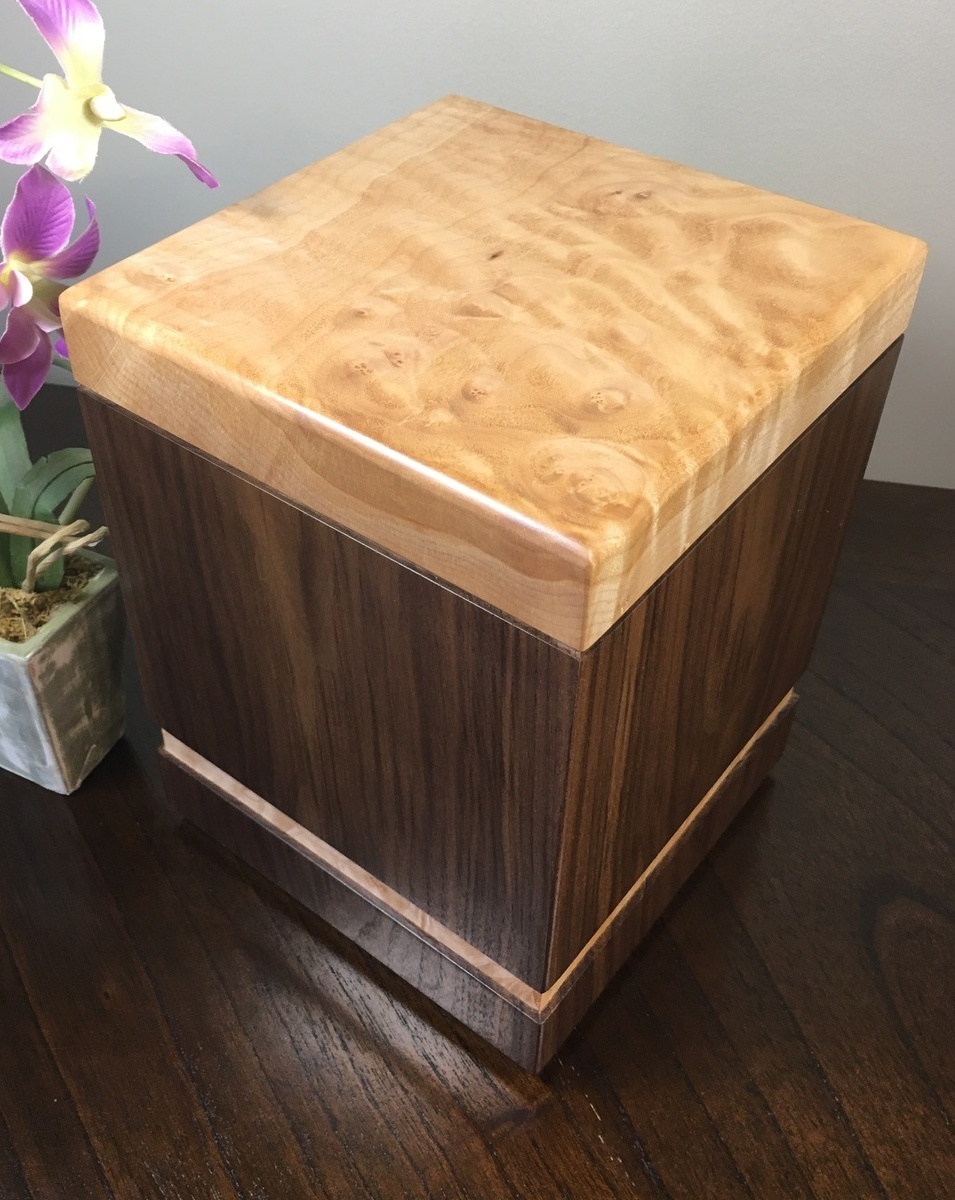 Top view of a black walnut and quilted maple wooden cremation urn